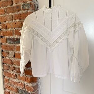 Vintage Peasant Blouse White Ruffle Yoke Blouse Eyelet Lace 100% Cotton Size M